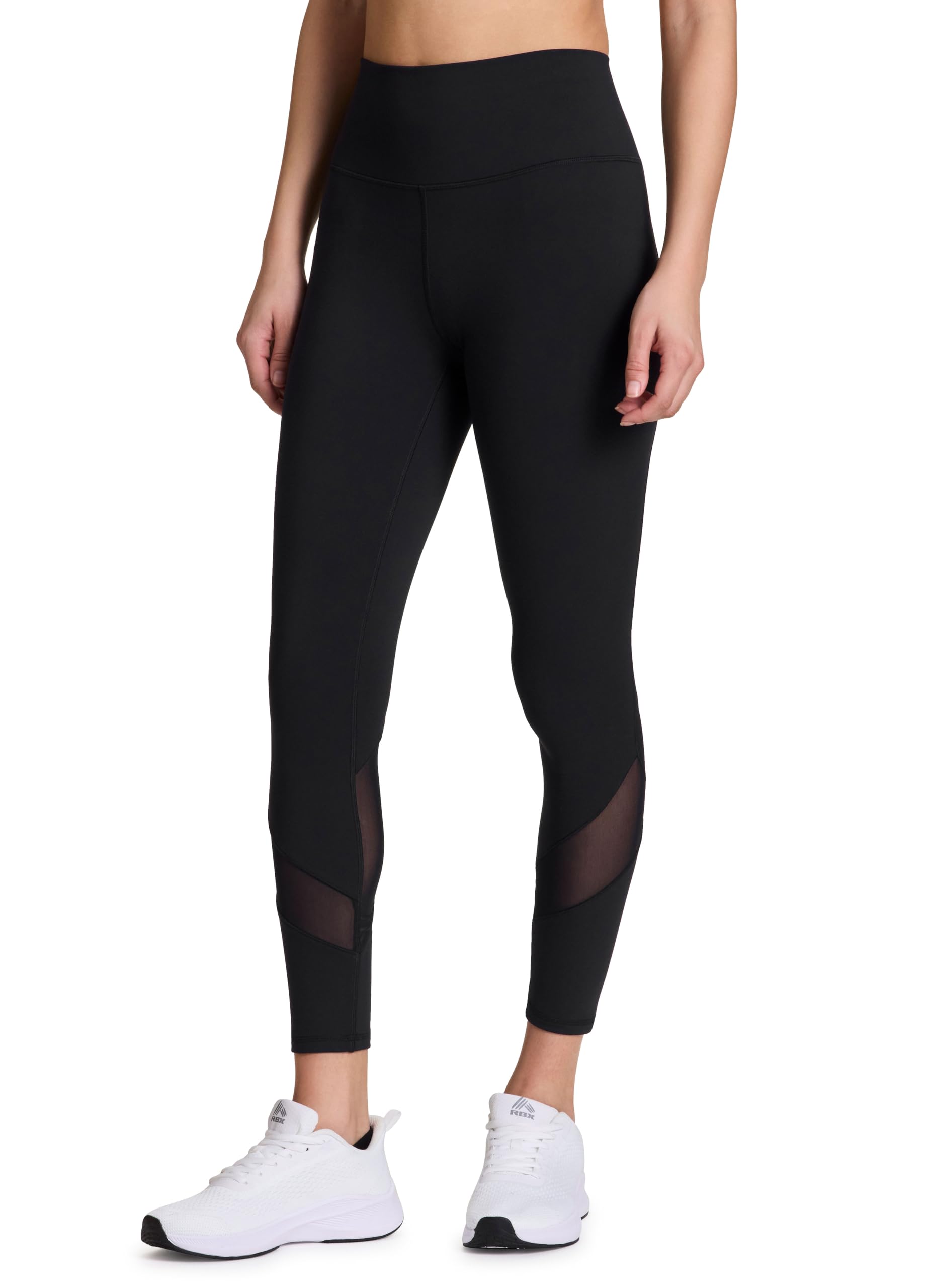 RBX Black Leggings with Pockets for Women, 7/8 Length High Waisted Workout Pants Squat Proof Tights Ankle Length Yoga Leggings with Mesh Peached Jet
