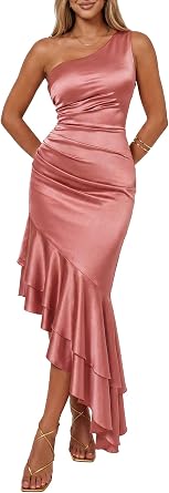 Womens One Shoulder Satin Ruched Asymmetrical Formal Maxi Dress