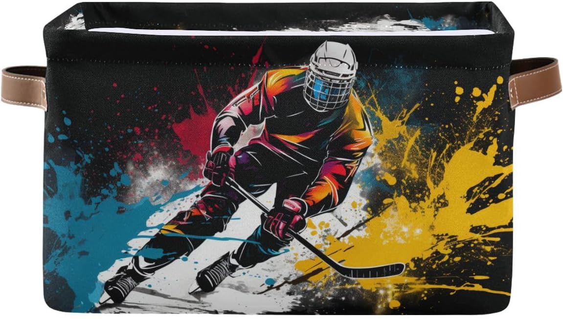 Storage Basket Watercolor Hockey Player Canvas Collapsible Box Organizer Bin with Handles for Shelf Closet Bedroom Home Office