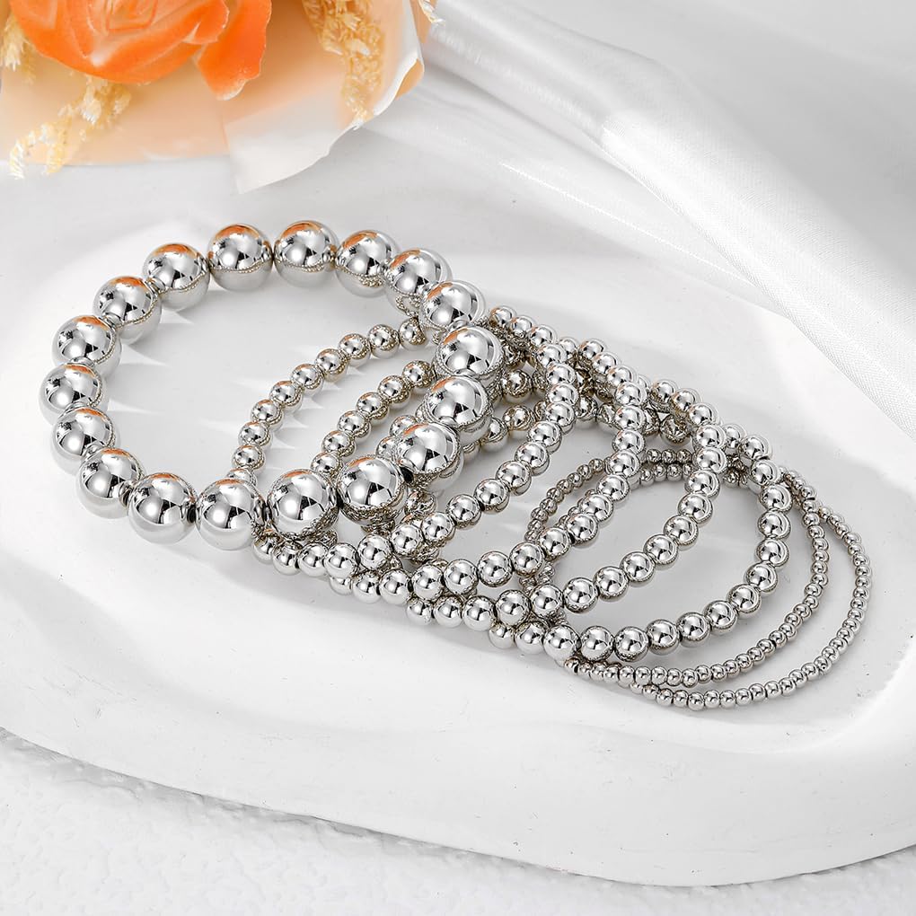 Stackable Gold Beaded Balls Bracelets Set for Women Adjustable String Beads Elastic Bracelets Stretch Silver Bead Ball Bangles Jewelry Accessories - Image 5