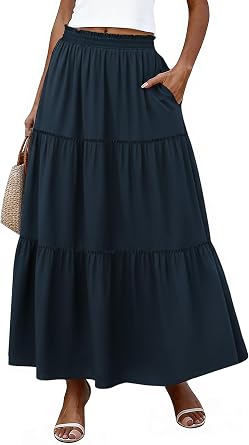 Long Skirts for Women Maxi Summer Swing Tiered A-Line Elastic High Waist Boho Flowy Skirts with Pockets