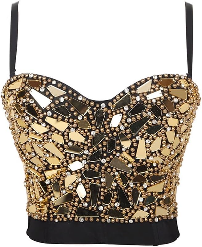 Gold Halter Dance Performance Dress Beaded Glass Sequin Tank Top for Women Women's Halter Top(40C)