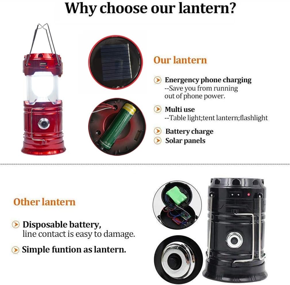 Camping Lantern Solar Rechargeable with Phone Charger,LED Lantern Flashlight 2 Power Supply Modes Survival Kit for Emergency, Hurricane, Power Outage(1 pack) - - 