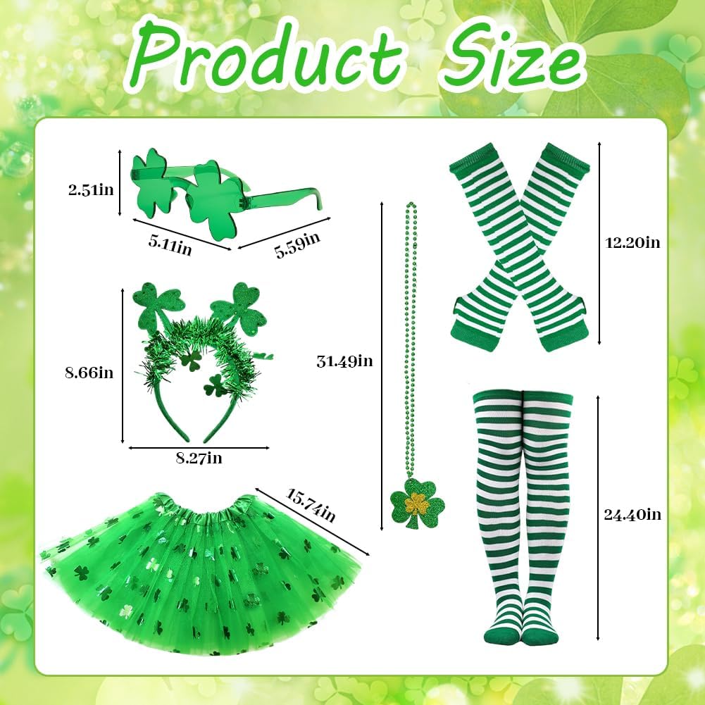 St. Patrick's Day Costume Accessories Set 5pcs Shamrock Green Tutu Skirt Gloves Headband Clover Sunglasses Clover Necklace Party Outfits for St. Patrick's Day Parade