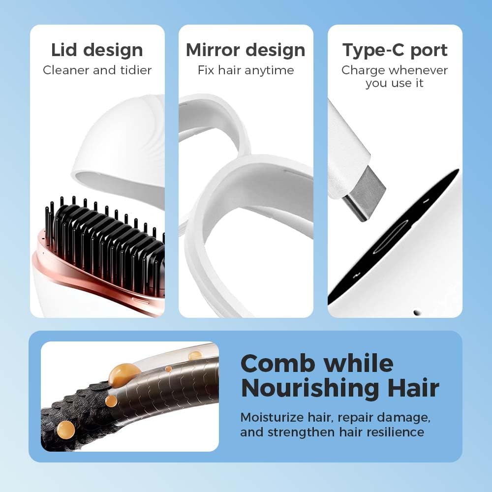 Mini Hair Straightener, 2 in 1Cordless Rechargeable Fast Heating Portable Hair Straightener Comb with Mirror & 3 Temp Settings & Anti-Scald Shell, Perfect for Travel Use (White) - Image 6