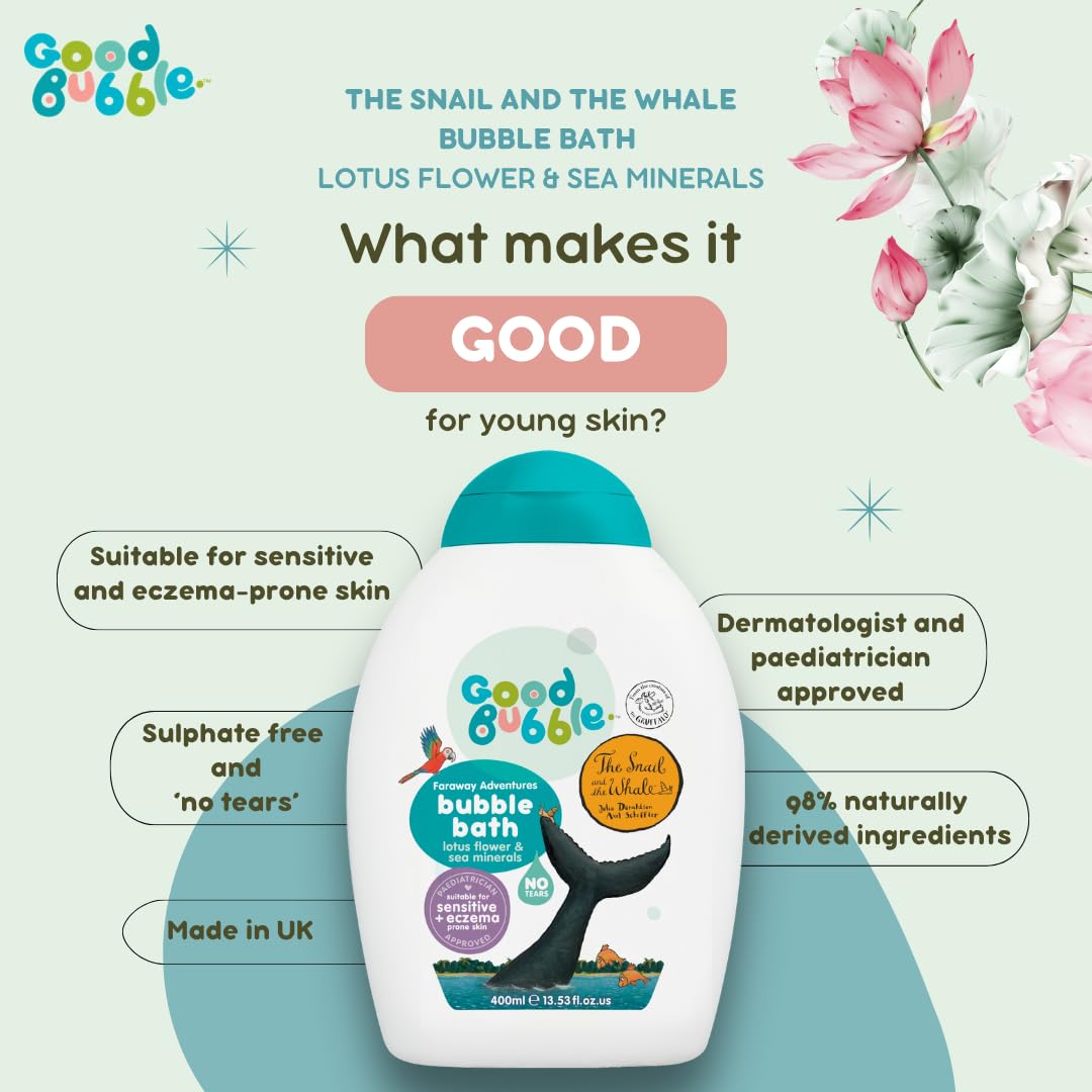 Good Bubble The Snail & The Whale Bubble Bath con fiori di loto e minerali marini, bagnoschiuma da 400 ml, per pelli sensibili e soggette a eczemi, vegano per i più piccoli