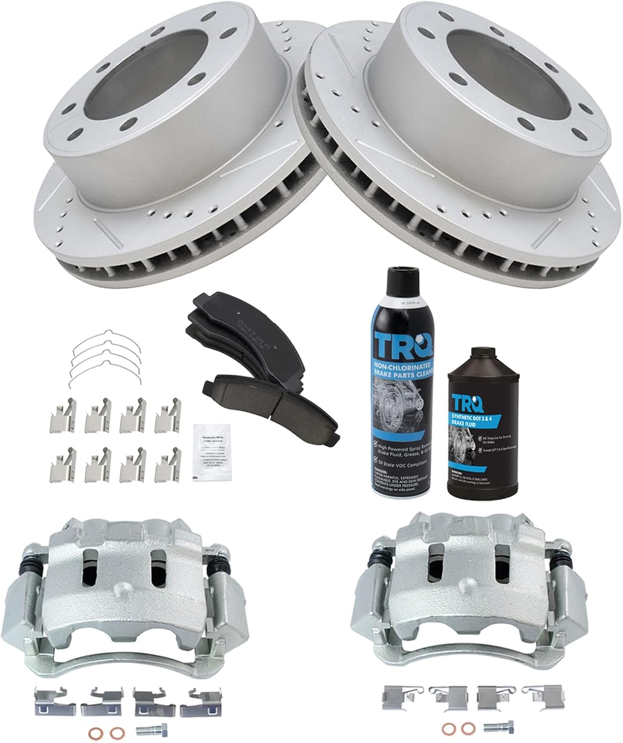 TRQ Front Brake Pad & Rotor Kit Performance Ceramic Premium G-Coated Slotted X Drilled Compatible with 2000-2005 Ford Excursion 2000-2004 F-250 Super Duty F-350 Super Duty
