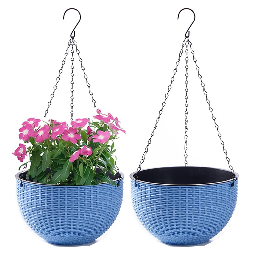2 Pack Hanging Basket Outdoor Self Watering Hanging Plant Pot with Water Reservoir & Drain Hole Outdoor Hanging Baskets for Plants with Chains for Garden Flower Planter (Blue, L)