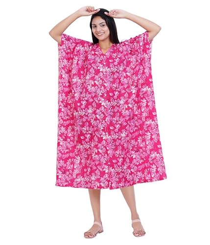 MENMAII Women's Full Open| Front Buttoned Multipurpose Kaftans for Pregnancy/Elderly/Patient/Feeding Purposes|Calf Length[Dark Pink Kantha Prints]