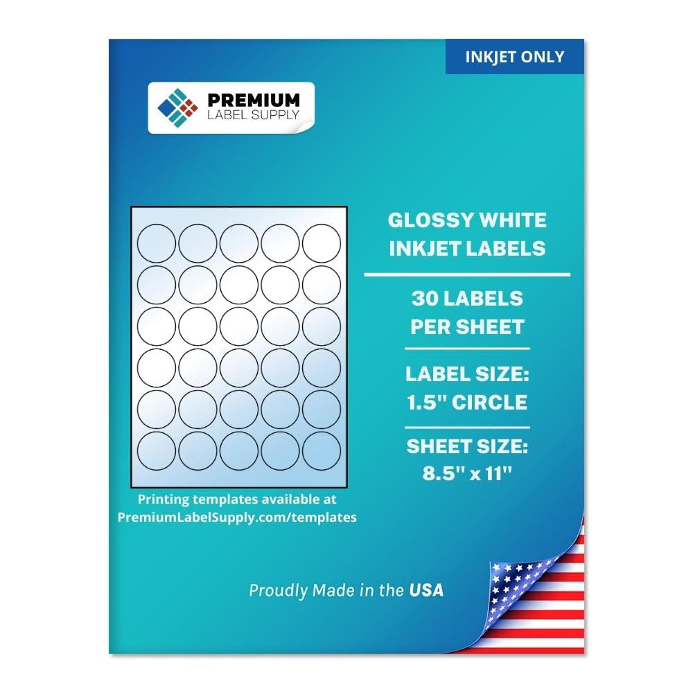 Premium Label Supply Etichette adesive rotonde bianche lucide, 3,8 cm, 30 etichette per foglio, colore: bianco lucido solo per getto d'inchiostro, 750 etichette