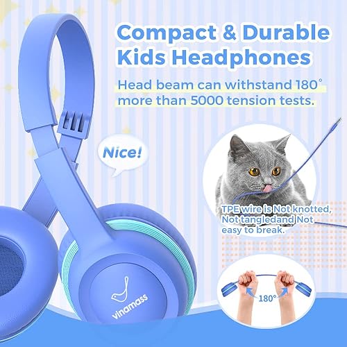 Miniatura 2 de vinamass Auriculares para niños, auriculares con cable con limitador de volumen seguro de 85 dB, ajustables y flexibles para niños, niñas, adecuado