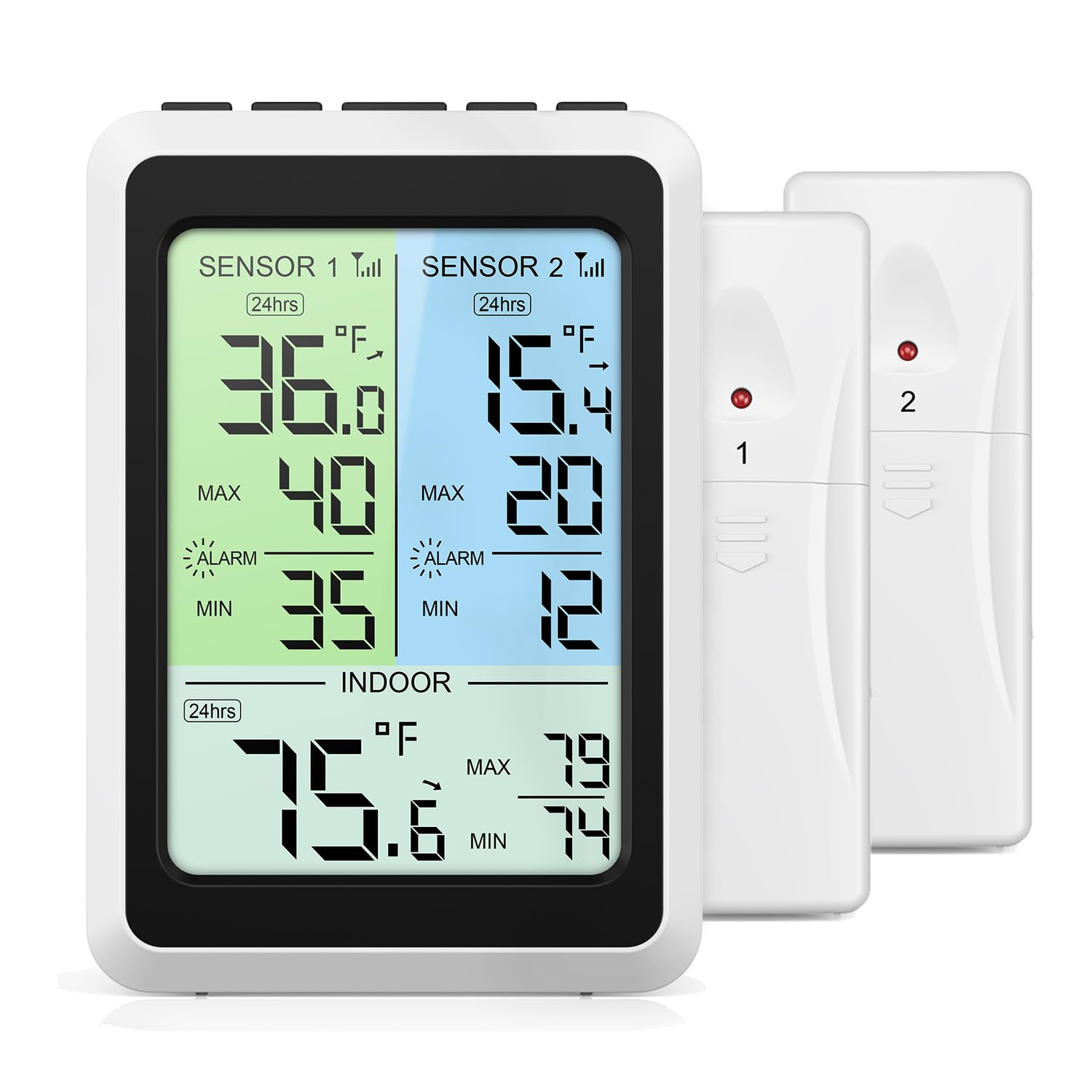 KeeKit Wireless Thermometer main unit displaying temperatures and icons for features like easy setup, backlight, delay alarms, C/F switch, temperature alarm, dual power supply, max/min record, and dual-channel.