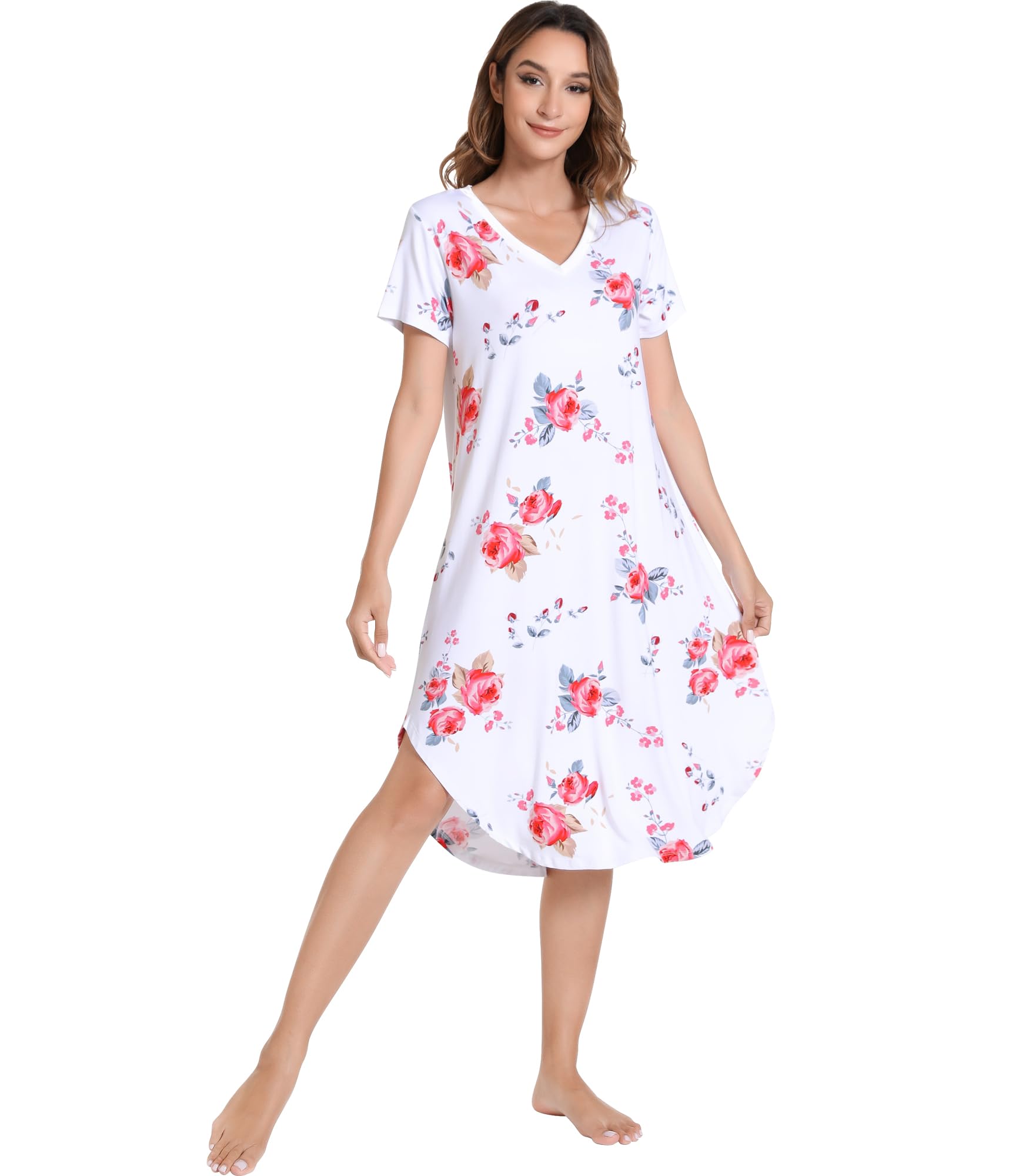 NACHILA Bamboo Viscose Nightgowns for Women Cooling Short Sleeve Sleepshirt | Soft V Neck Night Gowns, Moisture-Wicking Sleepwear for Hot Flashes &amp; Night Sweats, Ladies Nightshirts for Sleep, Home, Gift
