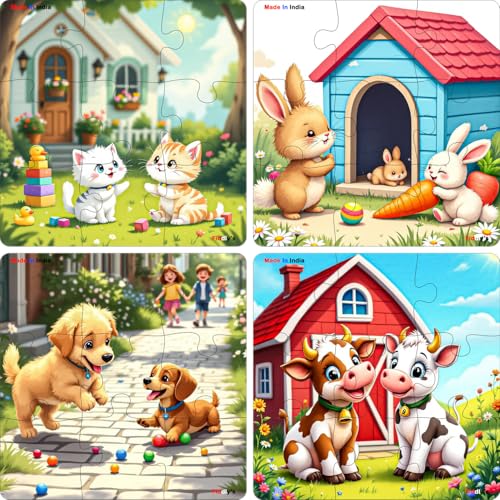 Image of Fiddlys Single Layered Wooden Jigsaw Puzzle Games for Children & Kids -9 Pieces Age 2 3 4 5 6 Year Old Years Old Girls & Boys Animals Jigsaw Puzzle (Pack of 4 PET Animal)