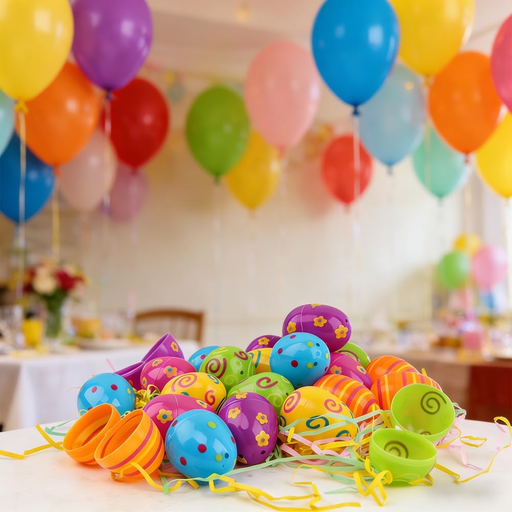 48PCS Plastic Printed Easter Eggs, Fillable Easter Eggs - 6 Patterns, 2.17" Tall, Perfect for Egg Hunt, Surprise Eggs, Holiday Decorations & Party Favors