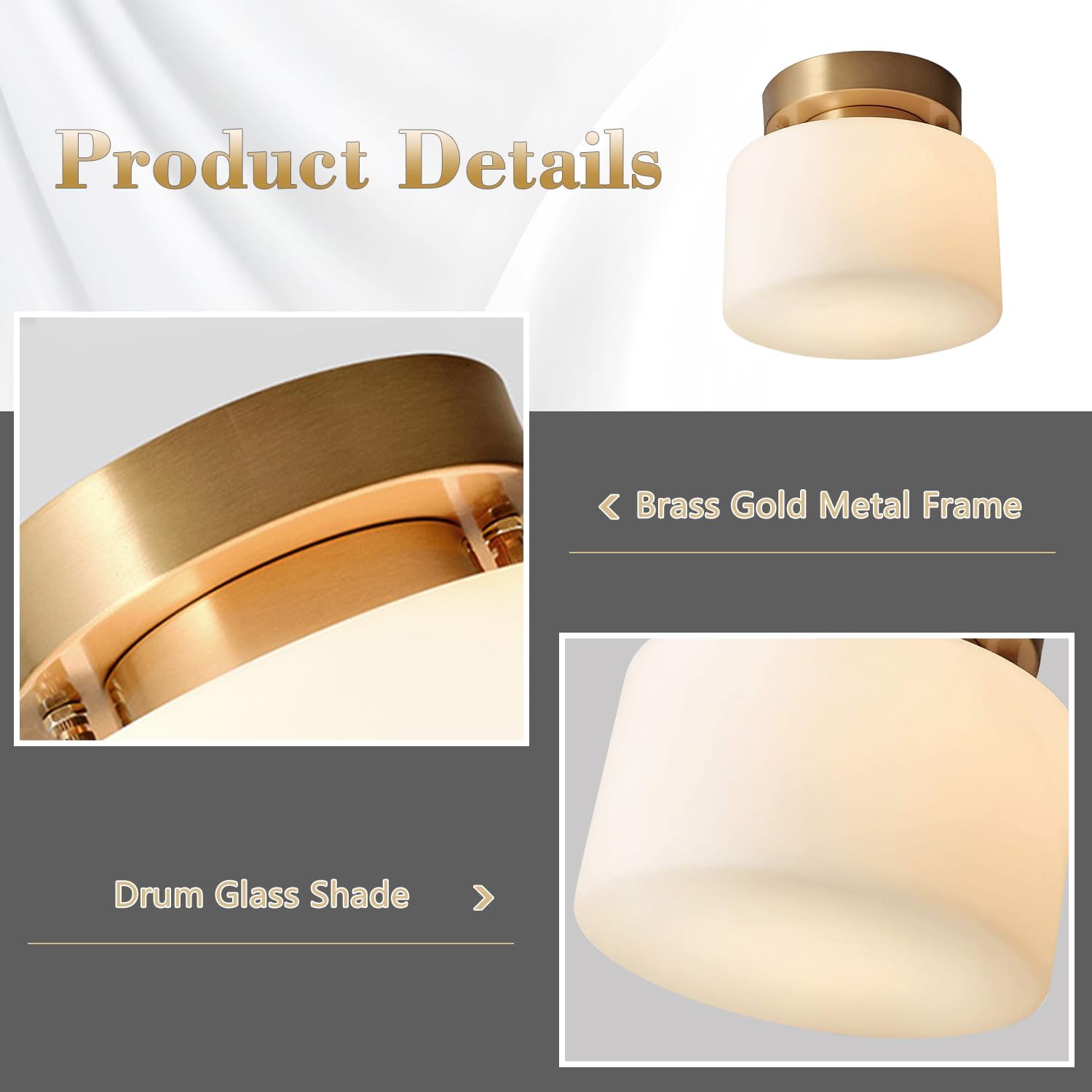 KCO Lighting Modern Brushed Gold Semi Flush Mount Drum Ceiling Light Fixture Mid Century Antique Brass Flush Mount Ceiling Light Milk Glass Hallway Light
