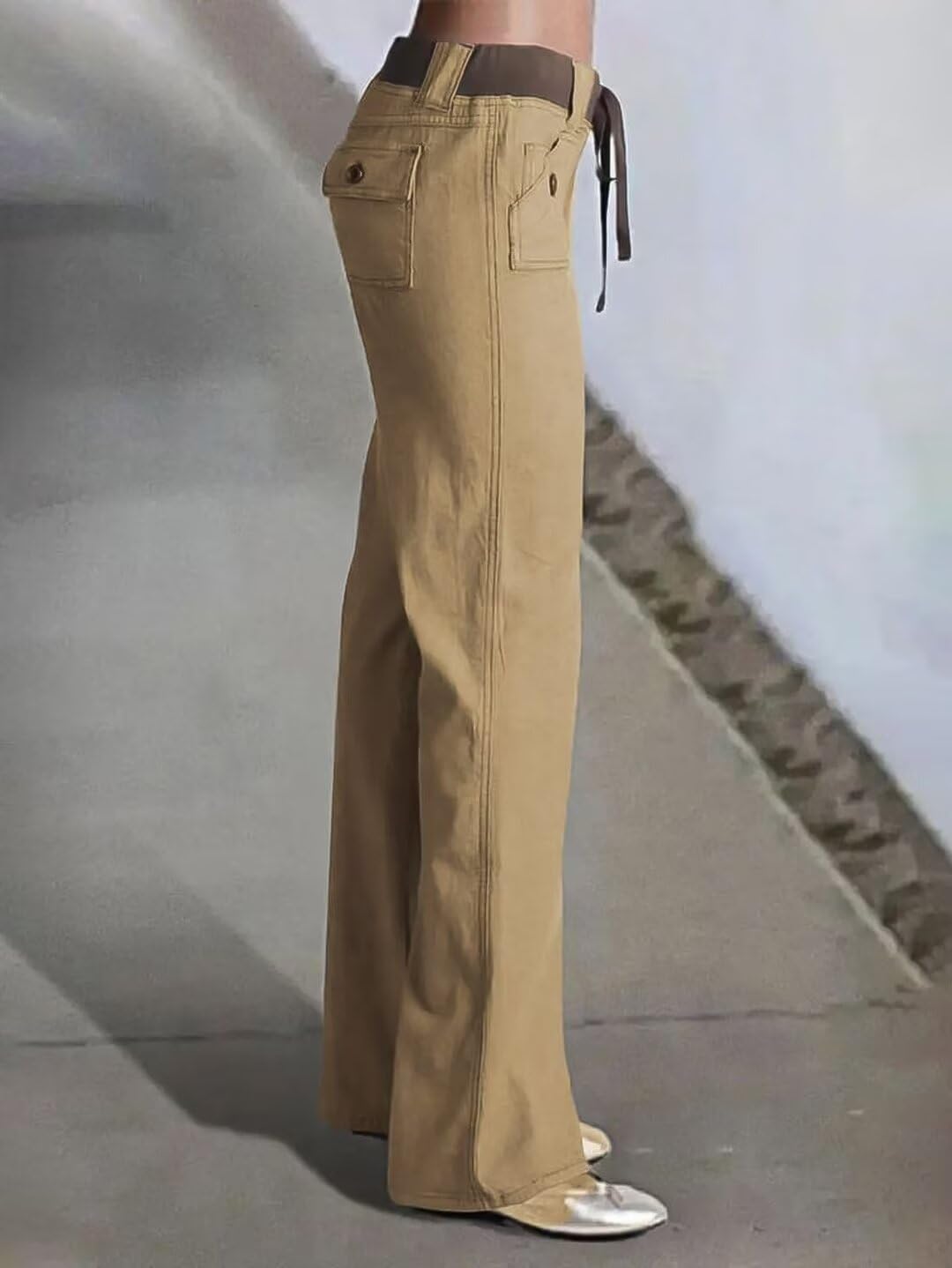 Flamingals Low Rise Cargo Wide Leg Pants for Women Drawstring Flap Pockets Y2K Bow Tie Casual Flare Pants