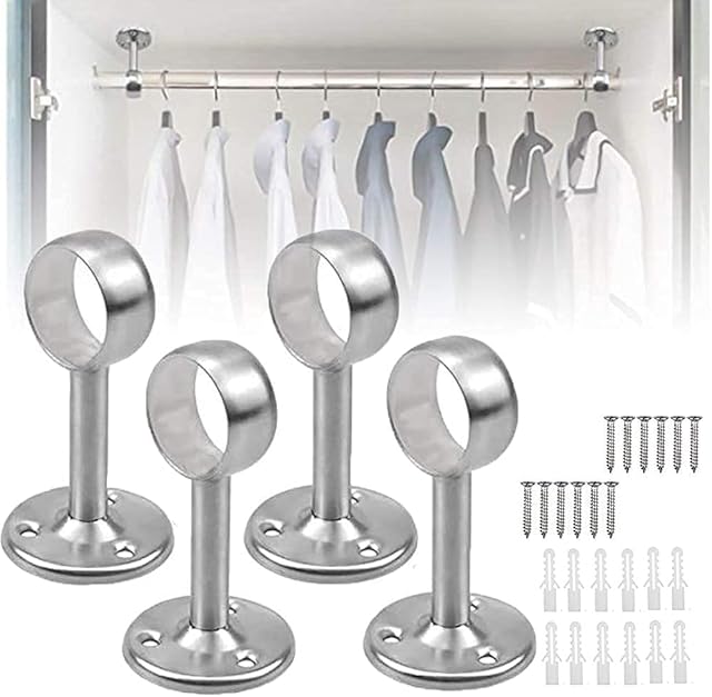 Ceiling mount curtain bracket Stainless Steel Closet Pole Sockets Rod End Supports Wardrobe Pole Holder 4Pcs with Screws for Ceiling Wardrobe Bracket Shower Curtain Rod Flange Socket 25mm