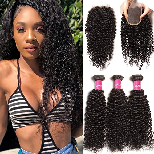 Klaiyi Hair Brazilian Virgin Curly Hair Weave 3 Bundles with 1pc 4x4 Lace Closure Three Part 100% Real Human Hair Extensions Natural Color (22 24 26+18Inch Closure)