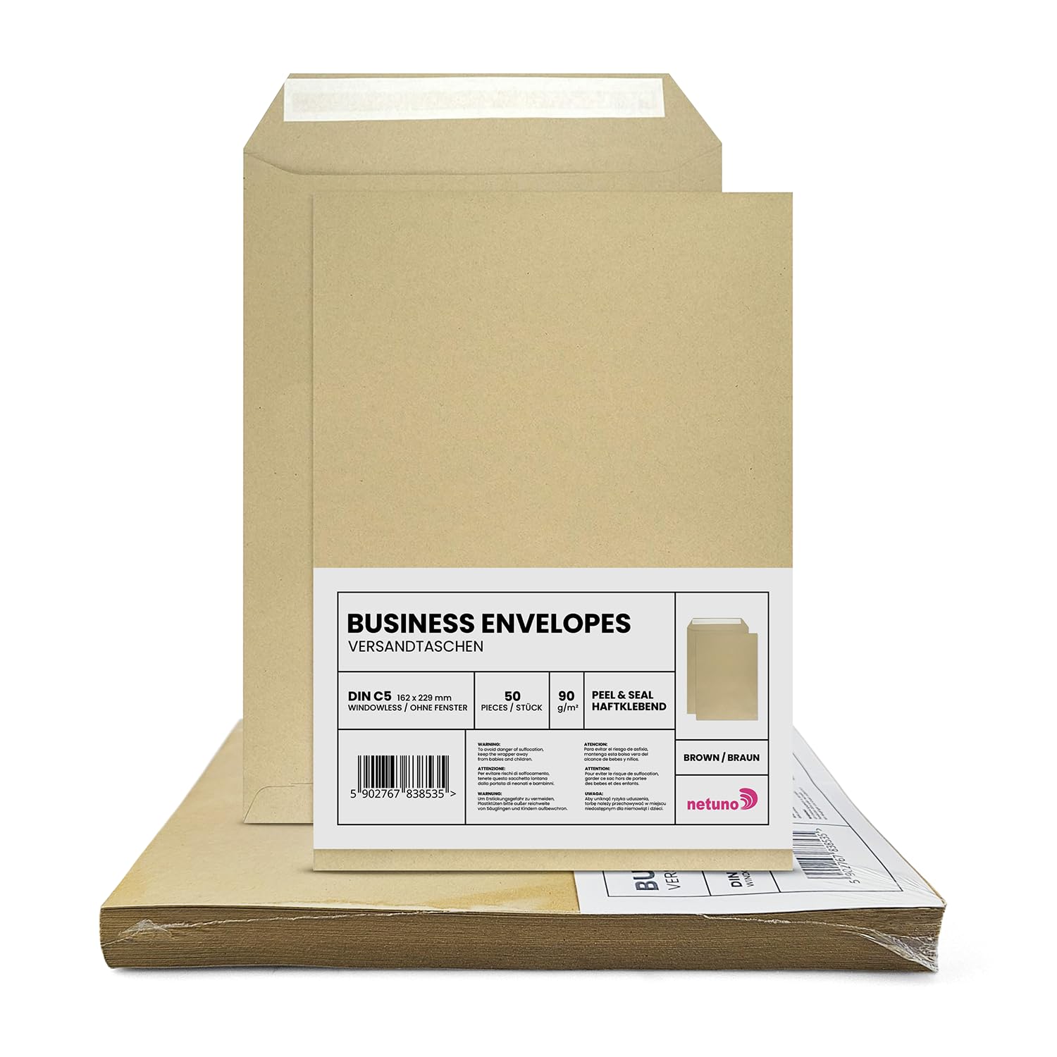 Netuno 50 Brown C5 envelopes 162 x 229 mm 90 g Kraft Paper Without Window Straight Flap self Adhesive Closure for A5 documents Contracts invoices โ image 1