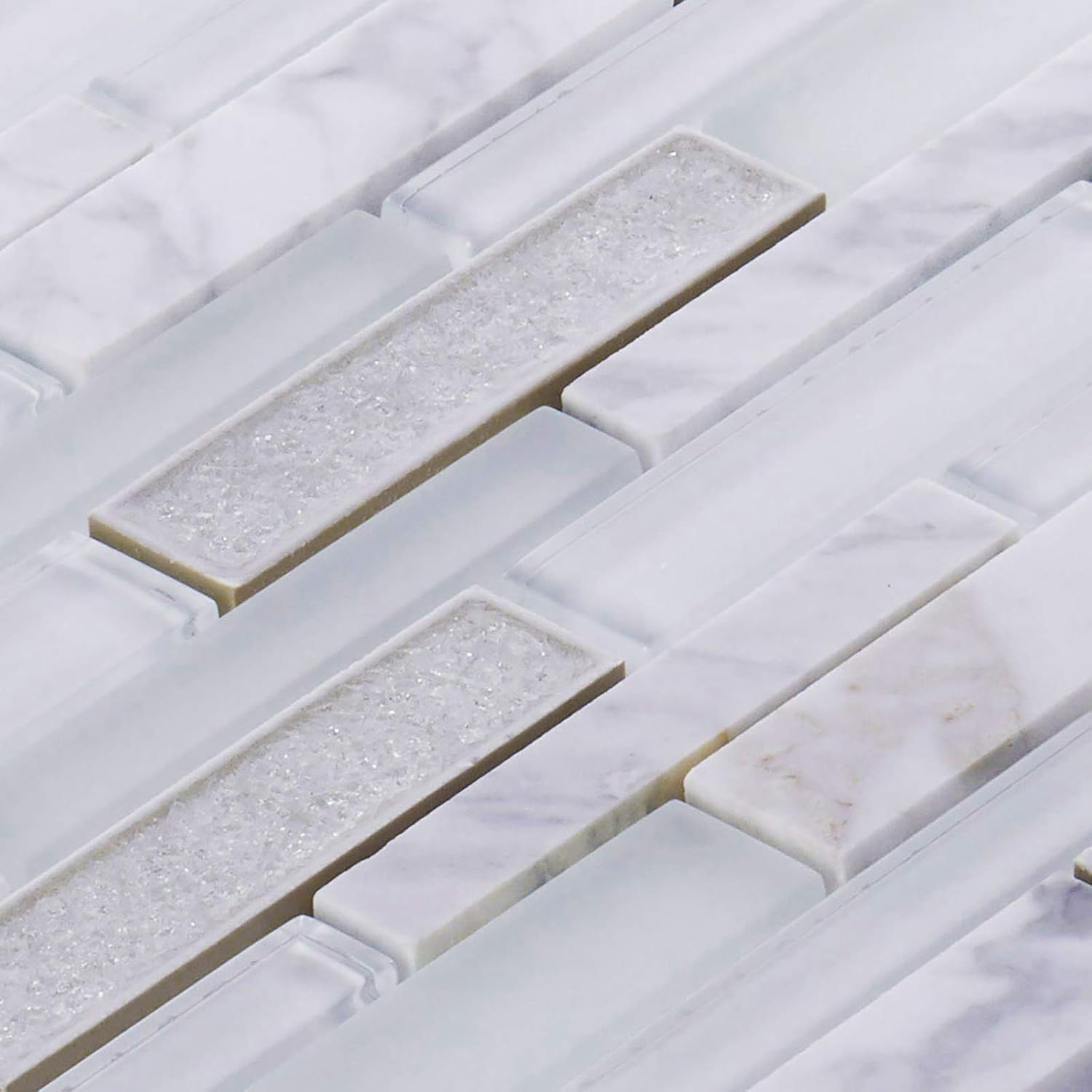 Modket TDH496NS Super White Calacatta Marble Stone Crackle Glass Linear Modern Mosaic Tile Backsplash Kitchen Bath Bathroom Shower Interior Wall