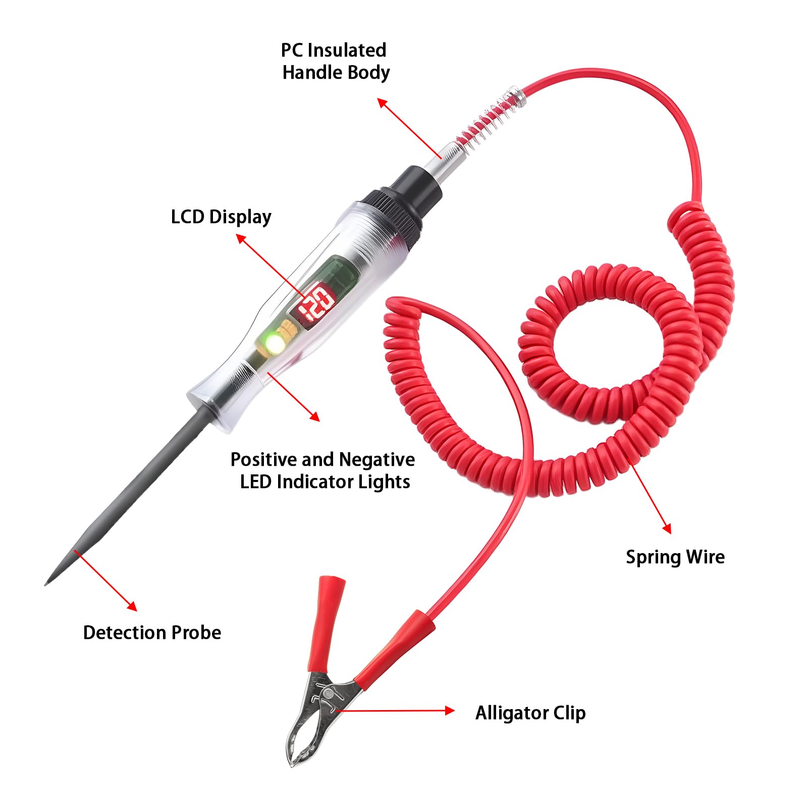 Testeur De Tension Voiture 3-48V Avec Écran LCD - Pince Crocodile Et Sonde Longue - Pour Auto, Moto, Camion - 3