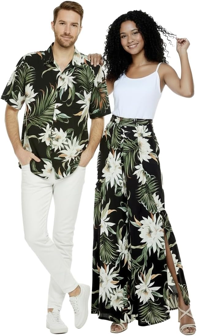 Matchable Couple Hawaiian Luau Shirt or Wide Legged Pants in Wispy Cereus Black