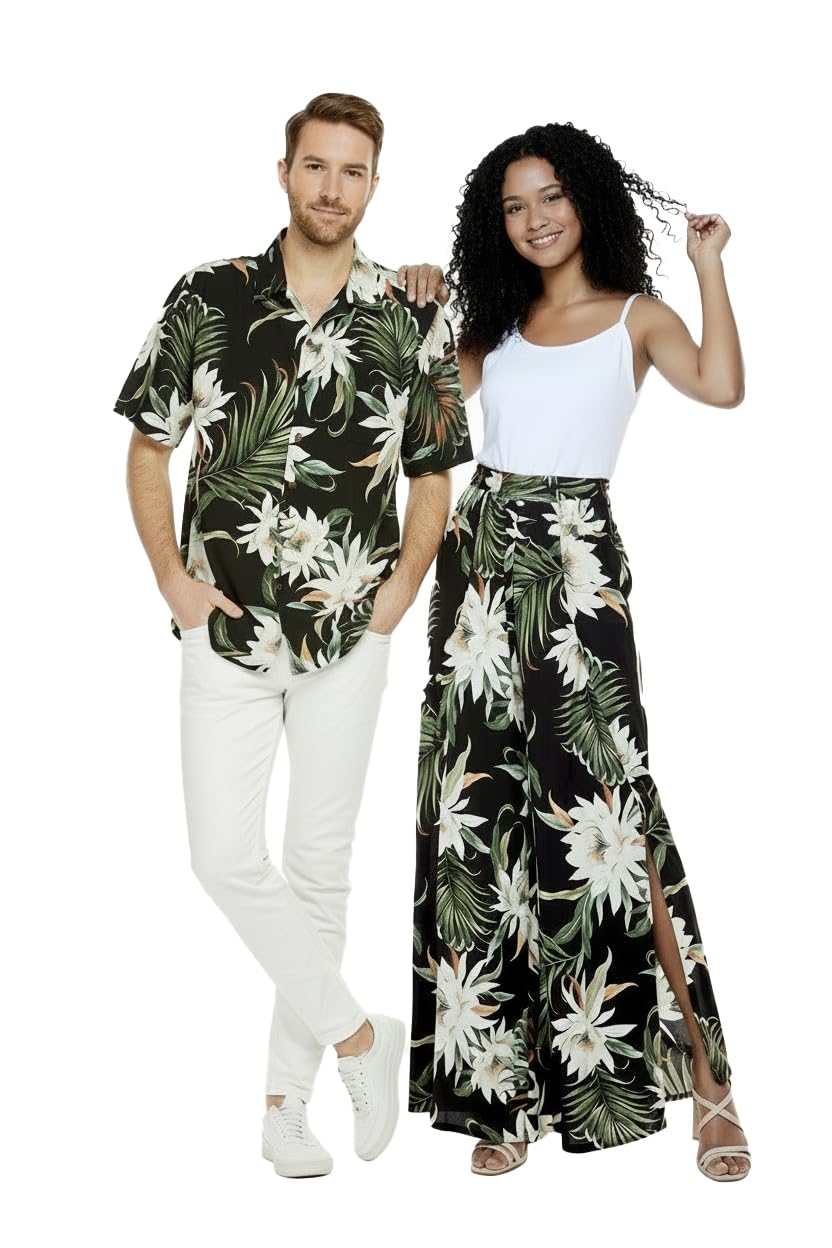 Matchable Couple Hawaiian Luau Shirt or Wide Legged Pants in Wispy Cereus Black
