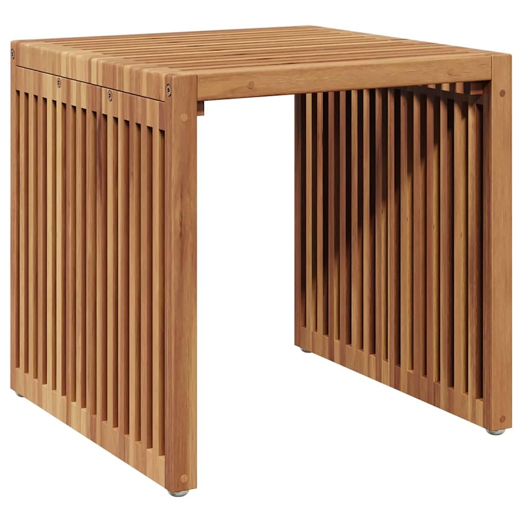 Brązowy drewniany stół ogrodowy z boku, 45 x 45,5 x 45,5 cm, solidny teak, na taras, balkon na zewnątrz, stabilny design, łatwa pielęgnacja, oszczędność miejsca