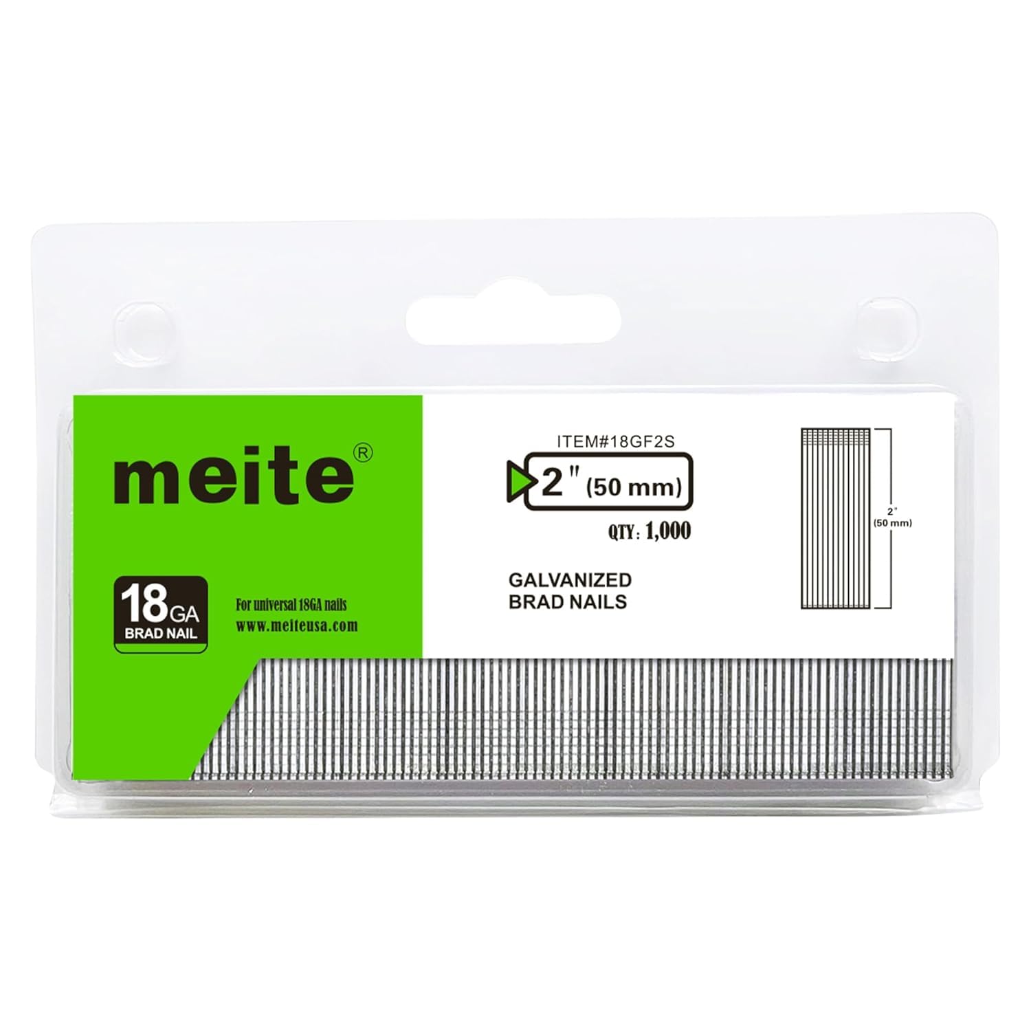 meite Chiodi Brad 18GA da 50 mm, Tipo 18G, Zincati, Chiodi di Finitura a Testa Piccola per Chiodatrice Pneumatica o Elettrica (1.000 Pezzi)
