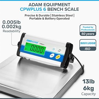 Adam Equipment CPWplus 6 Bench Scale, 13lb/6000g Capacity, 0.005lb/2g Readability