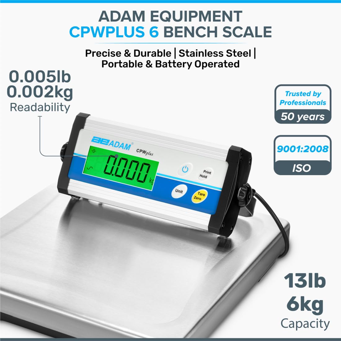 Adam Equipment CPWplus miarka do ławki stołowej, 6 kg, pojemność 6 kg, pojemność 2 g, stalowa, 1