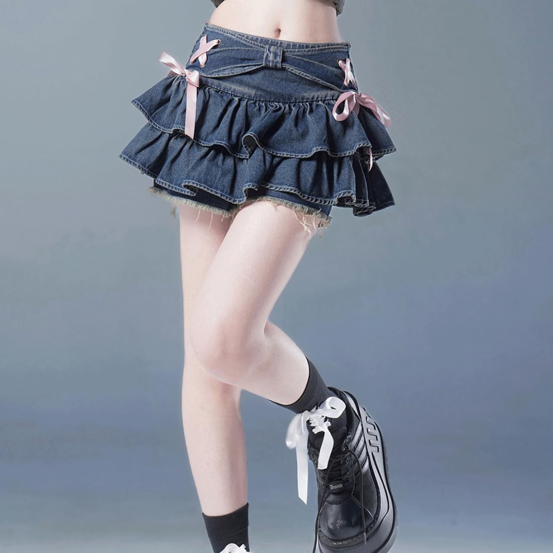 Harajuku Y2K Pastel Goth Kawaii Casual Style Elastic Waist Vintage Pink Ribbon Trim Ruffle Denim Short Skirt - Image 4