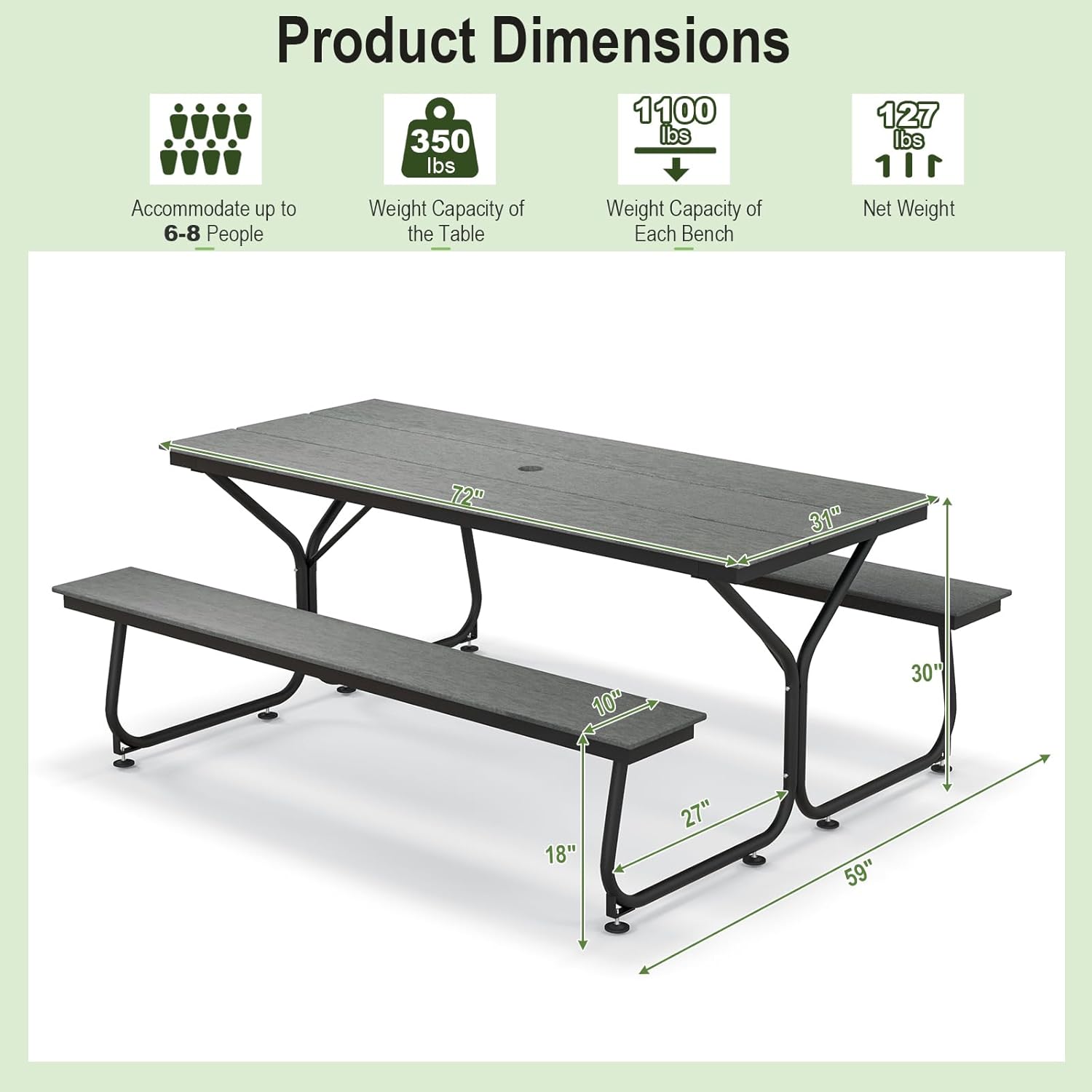 Tangkula 6 Ft HDPE Picnic Table, Plastic Picnic Table with 2 Benches, Umbrella Hole, Heavy-Duty Metal Frame, 8 Adjustable Foot Pads, 6-8 Person Outside Table Bench Set, 2550 lbs Capacity