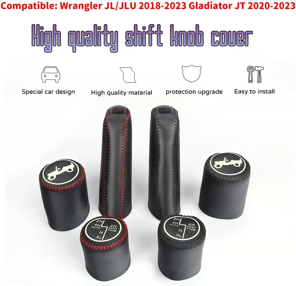 Custom Interior Accessories 3PCS for Jeep Wrangler JL/JLU 2018-2023 Gladiator JT 2020-2023 Handbrake Brake Cover & Gear Shift Knob Cover & Drive Mode Shift Knob Cover Trim(Red Stitching)