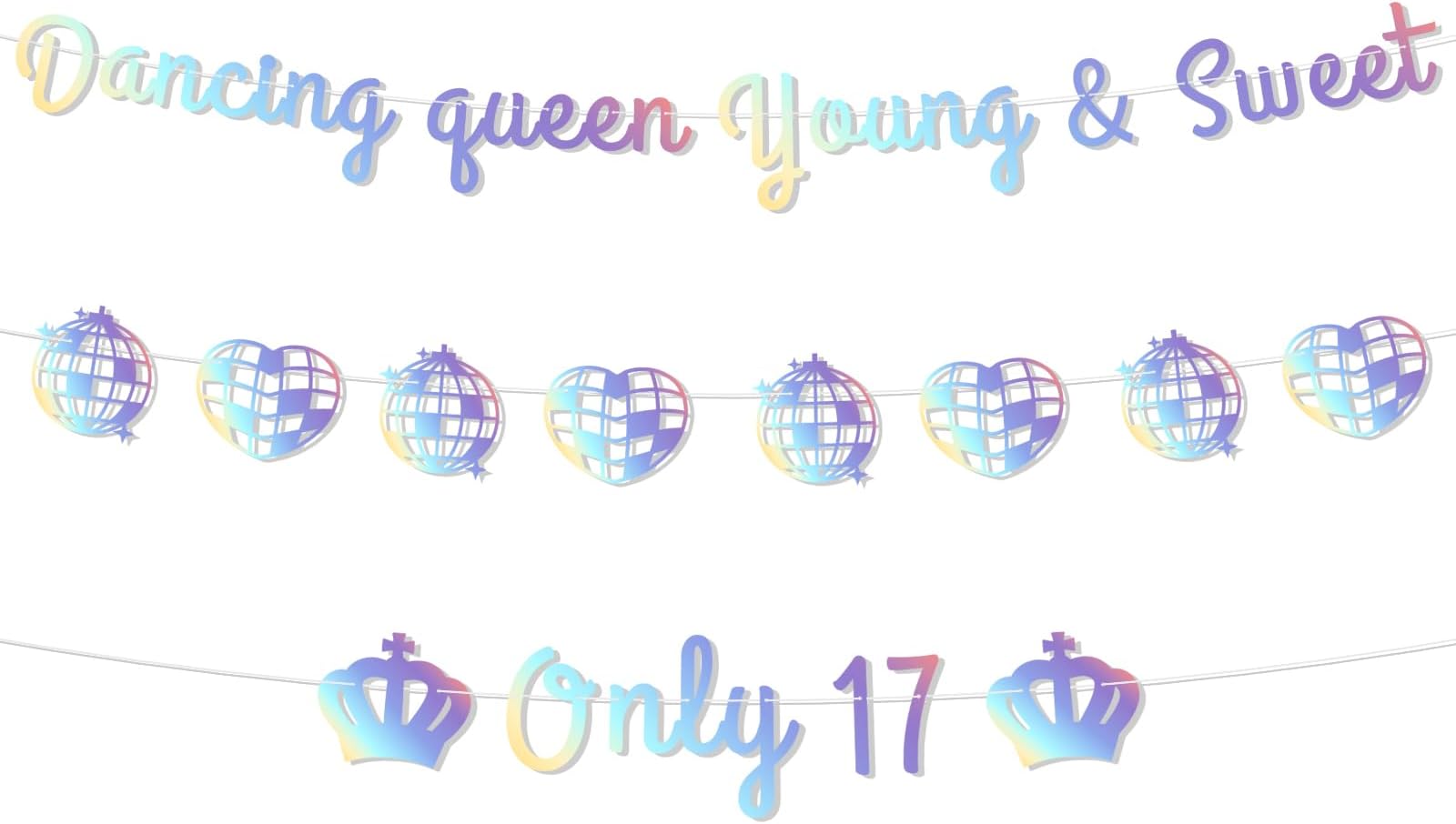 Dancing Queen Party Decorations 17 - Lovarywow 3PCS Dancing Queen Young & Sweet Only 17 Banner Decor No DIY 17th Birthday Decorations Girls Cute Laser Dancing Queen Themed Party Supplies Holographic