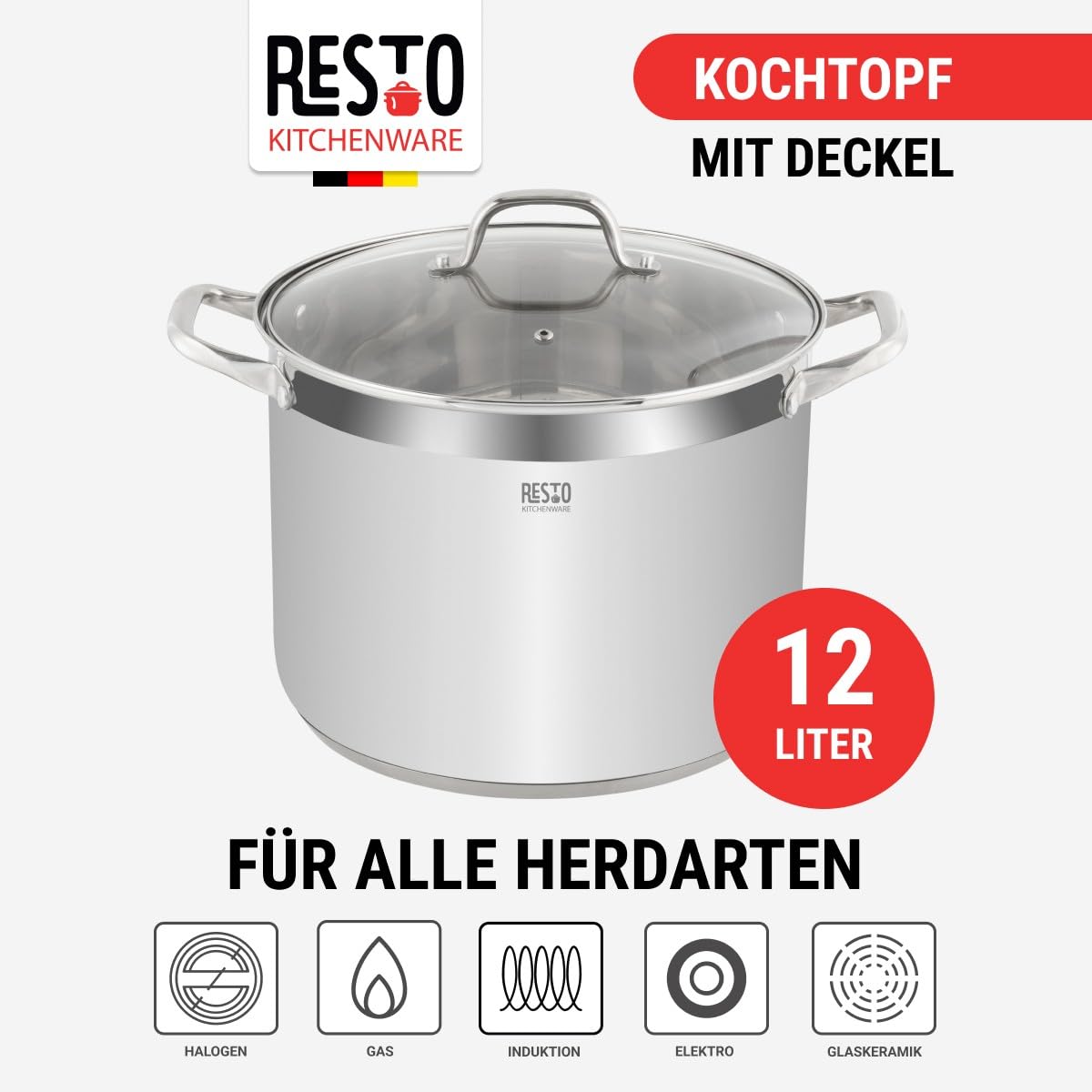 RESTO Garnek ze stali nierdzewnej 28 cm – garnek uniwersalny 13 l – garnek do duszenia z pokrywką – garnek do wszystkich rodzajów kuchenek również indukcyjnych – garnek do gotowania z odporną na