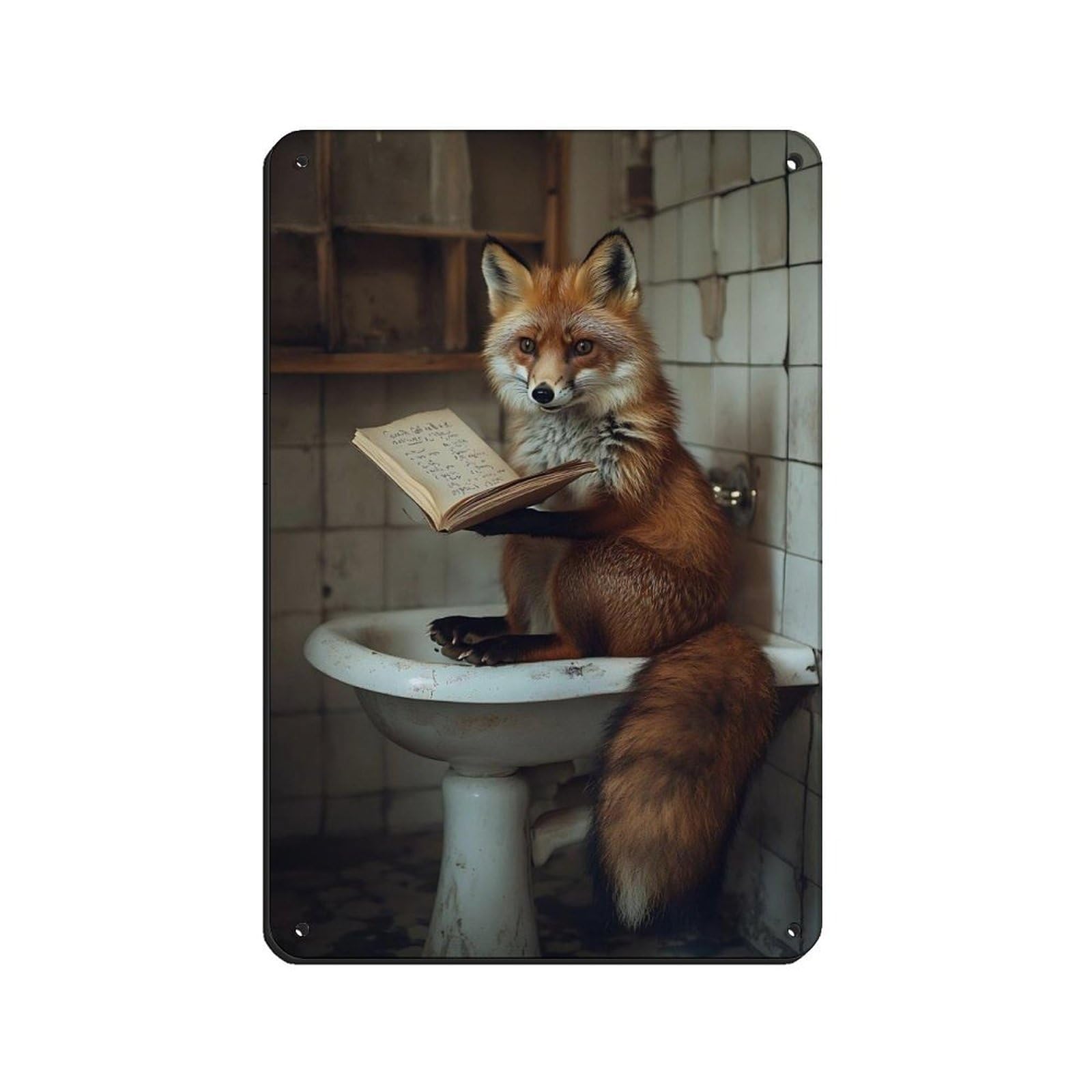 Whimsical Fox Reading in Bathtub Tin Sign Vintage Metal Pub Club Cafe Bar Home Wall Art Decoration Poster Retro 8x12inch(20x30cm)