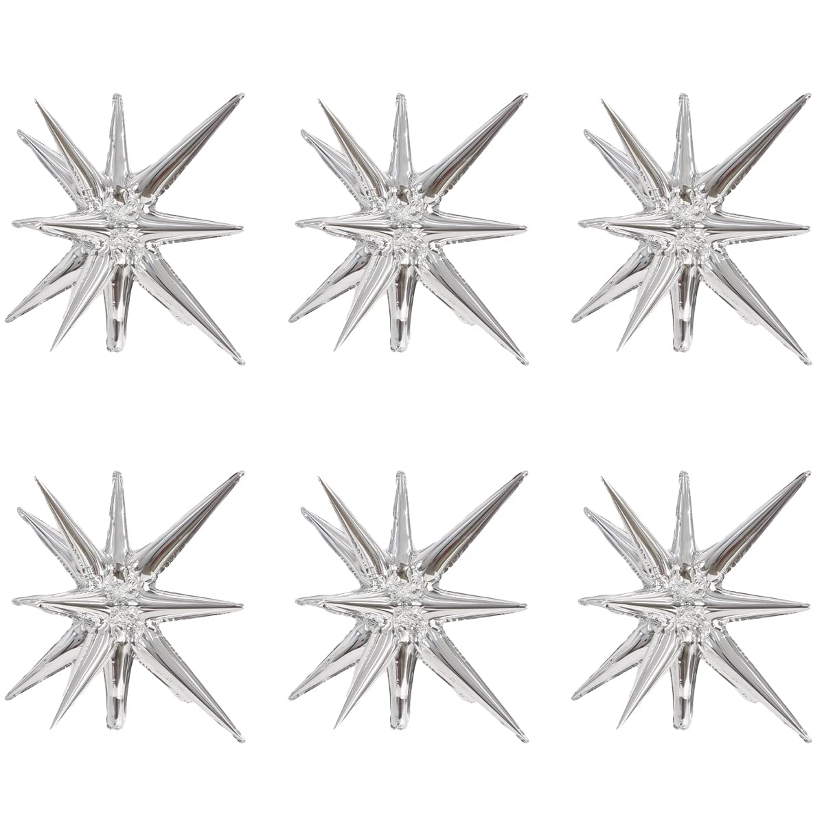 Kawailay 6 Pcs 22 Inch Explosion Star Foil Balloons - 12 Point Starburst Cone Mylar Balloons for Dance, Wedding, Anniversary, Graduation, Baby Shower, Birthday Parties - Silver