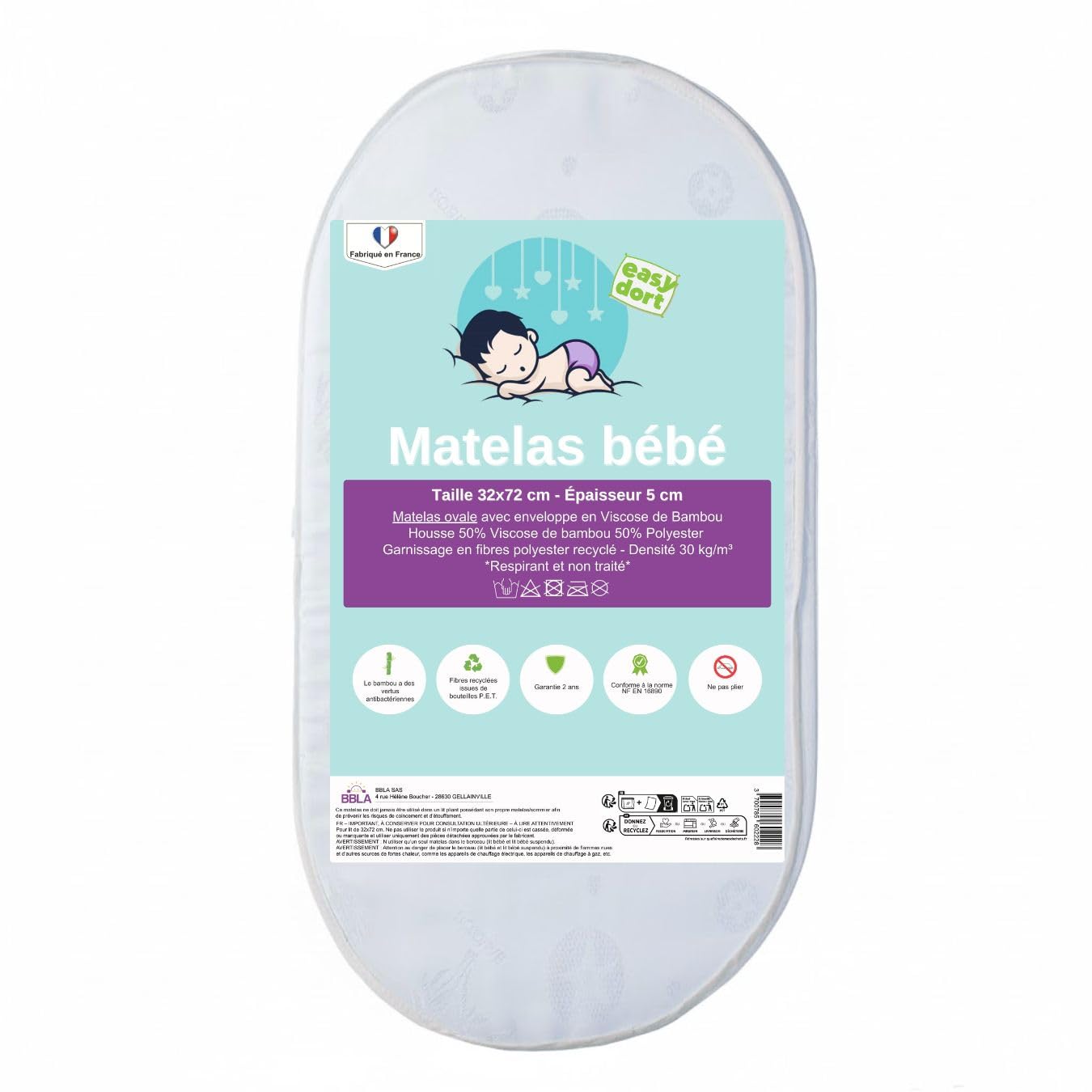 Praktyczny zestaw dla niemowląt | Materac 32x72cm Bamboo Kołyska do leżenia dla niemowląt + 3 prześcieradło z gumką z gumką Bambus Ultra miękkie łóżko | Kompletny zestaw do pokoju dziecięcego | certyfikat Öko-Tex | Wyprodukowano w UE | Easy Dort