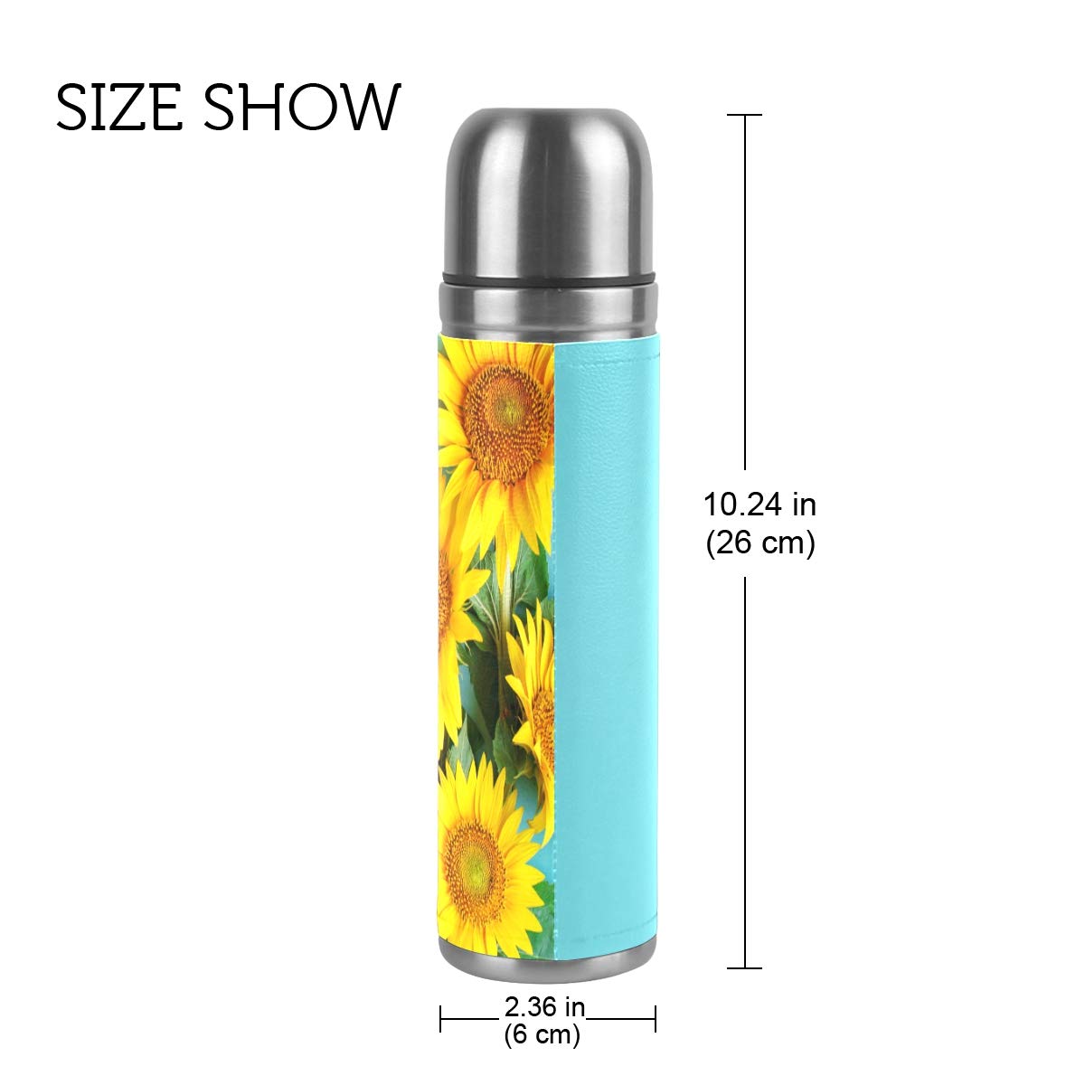 Taza de viaje aislada al vacío de acero inoxidable con doble pared a prueba de fugas, botellas de girasoles con estampado personalizado impreso en piel auténtica, termo de 500 ml