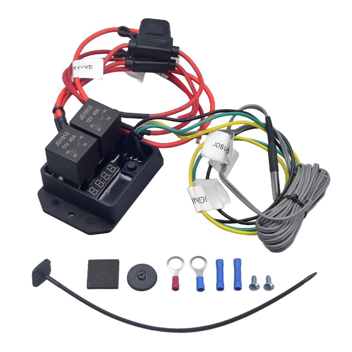 Digital Radiator Fan Controller Switch 12V/24V Kit with Adjustable Temperature Range 104-230°F, LED Display, Dual Fan Relay Replacement 0444