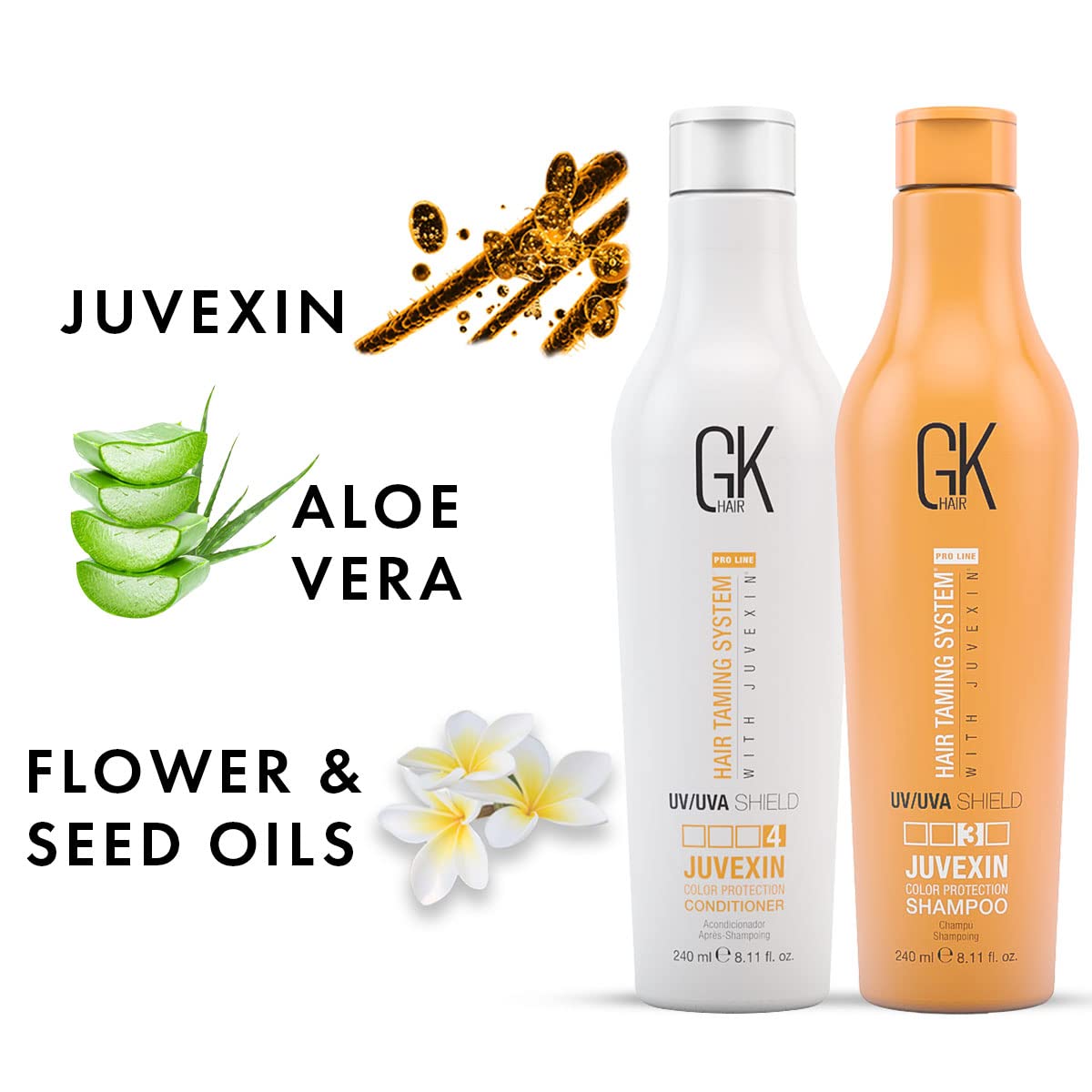 GK Hair Global Keratin UV Color Shield Shampoo And Conditioner 240 ml - Deep Cleansing Color & Sun Heat Protection For Color Treated Dry Damage Frizzy Hair - Sulfate And Paraben Free