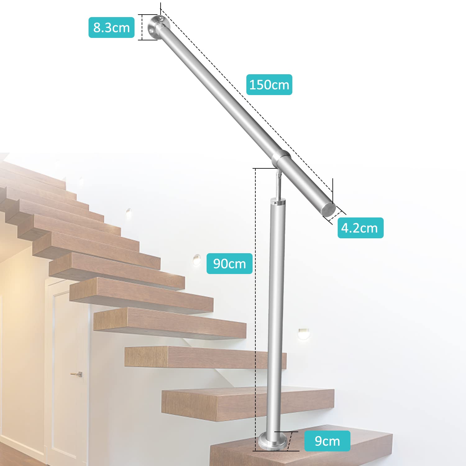 Corrimano in acciaio inox, 150 cm, ringhiera per scale, corrimano da parete, ringhiera per scale, per interni esterni, XXDD8401