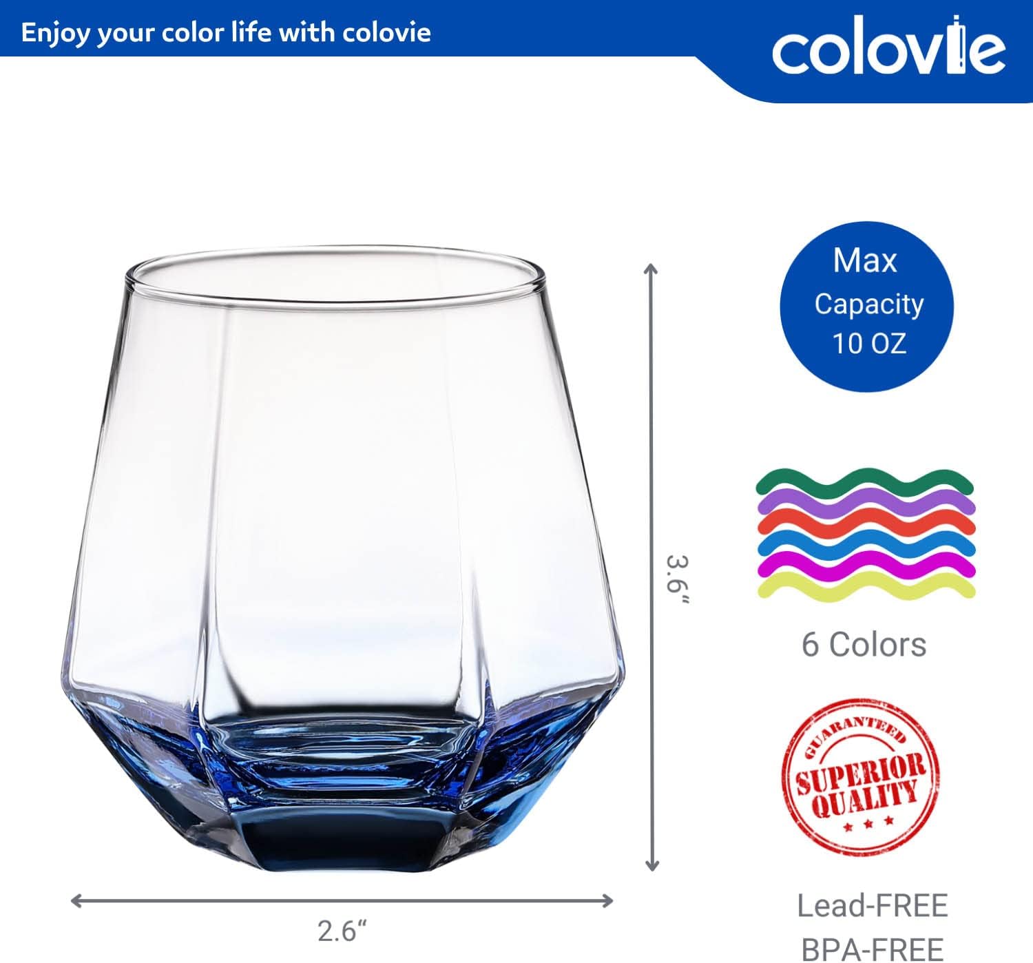 ColoVie Colored Wine Glasses Set, Stemless Wine Glasses Set, Colorful Short Wine Tumbler, Cocktail Glasses, Old Fashioned, Colorful Drinking Glassware