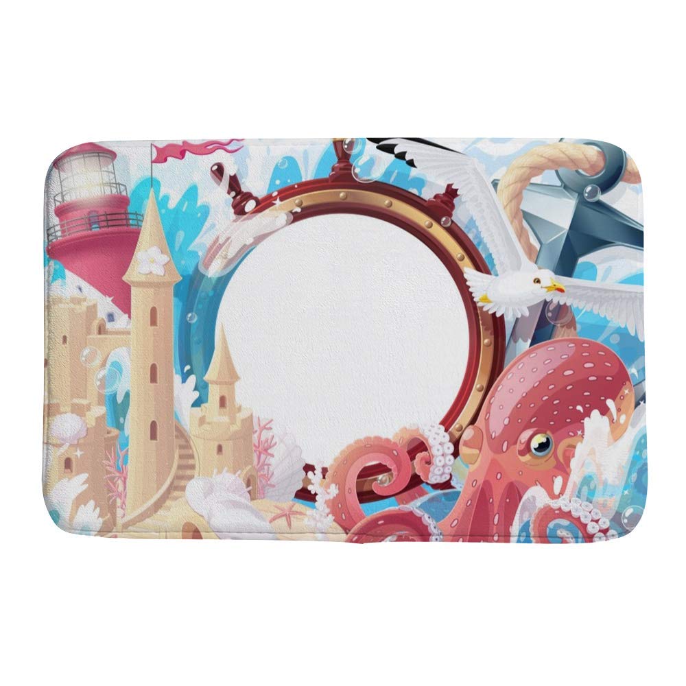 Tapis de bain nautique marin Ruchen antidérapant avec motif phare et pieuvre 61x91cm
