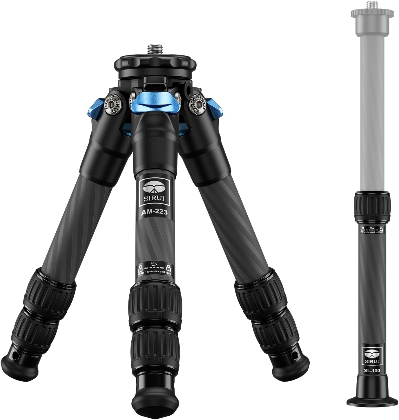 – Carbon Fiber Mini Tripod AM-223 With Extendable Centre Column SL-100, Lightweight Portable Tripod With Twist Locks, Max Height 66cm, Max Load up 15kg