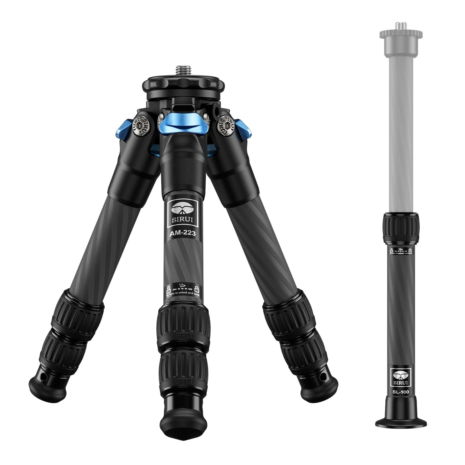 SiruiLightweight Carbon Fiber Mini Travel Tripod with Two-Section Center Column, Max Height 26", Supports 22lbs (AM-223+SL-100)