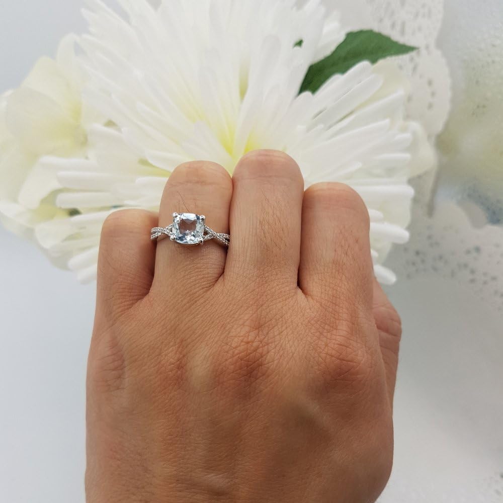 Dazzlingrock Collection 7MM Cushion Aquamarine & Round White Diamond Swirl Crisscross Split Shank Engagement Ring for Women, 14K Solid White Gold, Size 6.5
