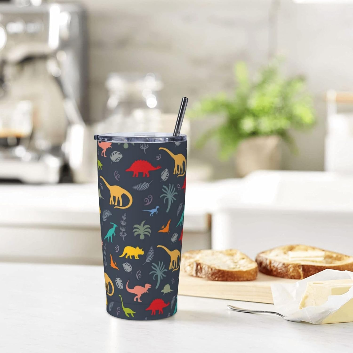 Dinosaur 20oz Tumbler with Lid and Straw for Women Men, Cute Dinosaur Insulated Mug Colorful Cartoon Dino Animals Plants Stainless Steel Tumbler Double Wall Vacuum Travel Mug Coffee Cup - Image 7